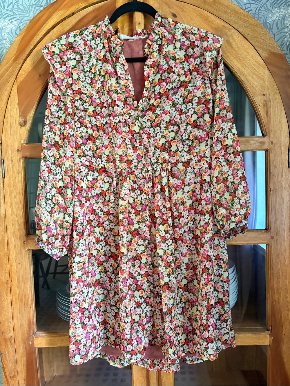Mango Pink Floral Ruffle-Shoulder Mini Dress - Picture 2 of 3